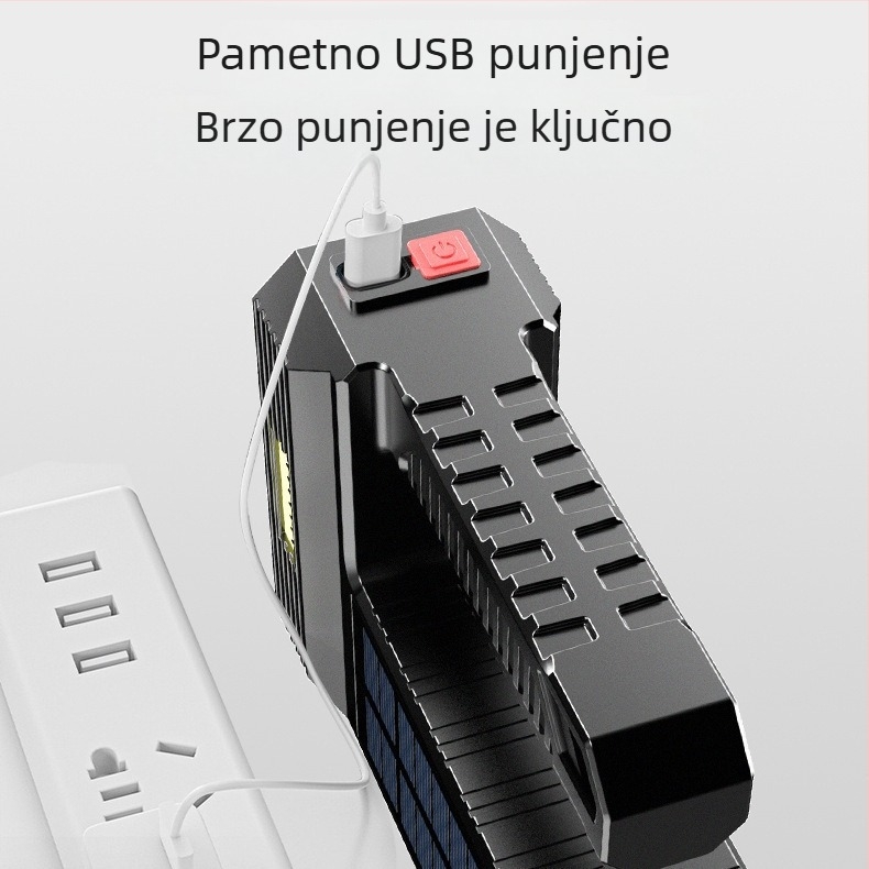 Vanjska LED baterijska svjetiljka s solarnim napajanjem i ručnim punjenjem, 1200mAh baterija, domet 100–200 m