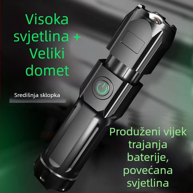 Prijenosna LED baterijska svjetiljka s optičkim zumom - 5W, 800 mAh baterija, punjenje, Power Bank, domet 200-500 m