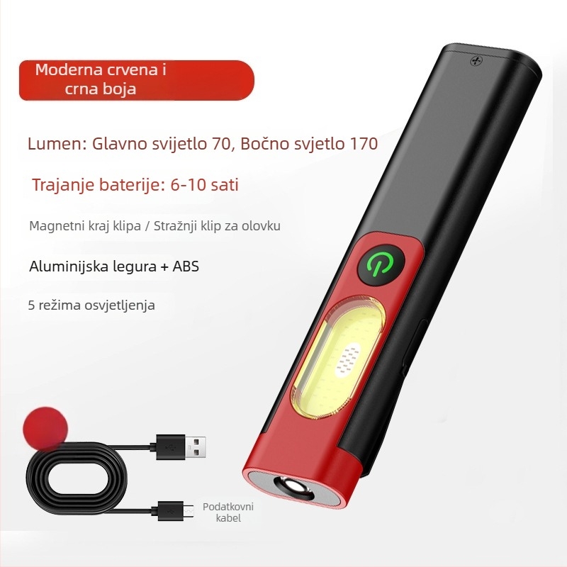 Džepna COB LED svjetiljka, 5W, baterija 300mAh, kućište od aluminijske legure, domet do 50 m