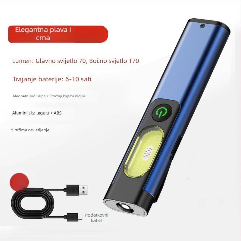 Džepna COB LED svjetiljka, 5W, baterija 300mAh, kućište od aluminijske legure, domet do 50 m