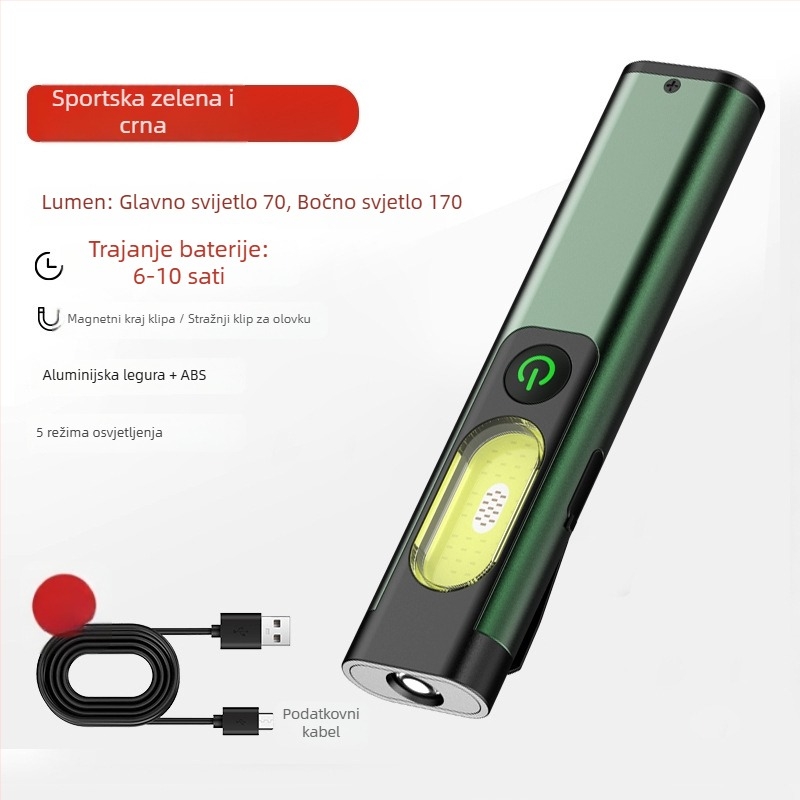Džepna COB LED svjetiljka, 5W, baterija 300mAh, kućište od aluminijske legure, domet do 50 m