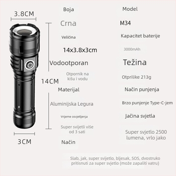 Višenamjenska taktika baterijska svjetiljka s optičkim zumom i funkcijom banke energije – vodootporna, 10W LED, domet 100–200 m, 21700 3000 mAh baterija, uključeno punjenje