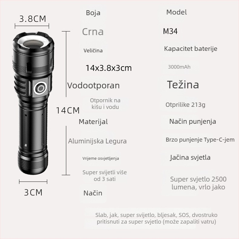 Višenamjenska taktika baterijska svjetiljka s optičkim zumom i funkcijom banke energije – vodootporna, 10W LED, domet 100–200 m, 21700 3000 mAh baterija, uključeno punjenje