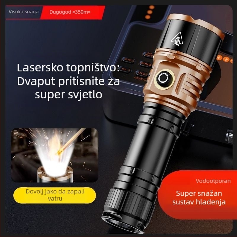 Višenamjenska taktika baterijska svjetiljka s optičkim zumom i funkcijom banke energije – vodootporna, 10W LED, domet 100–200 m, 21700 3000 mAh baterija, uključeno punjenje