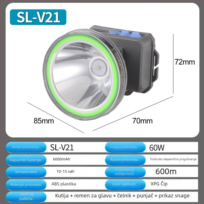 LED čelna svjetiljka za noćno pecanje, punjiva čelna svjetiljka, PVC kućište, 7200 mAh, domet ≥ 500 m, uključeni punjač