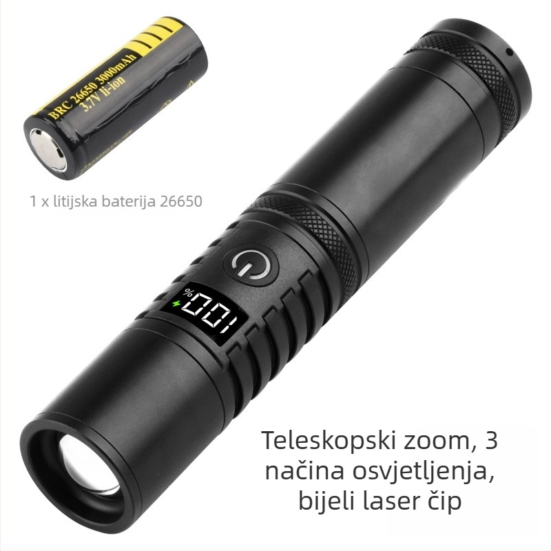 Fener s teleskopskim zumom od aluminijske legure, LED, 20W, punjiva, ručno pokretanje, za kampiranje i nužne situacije