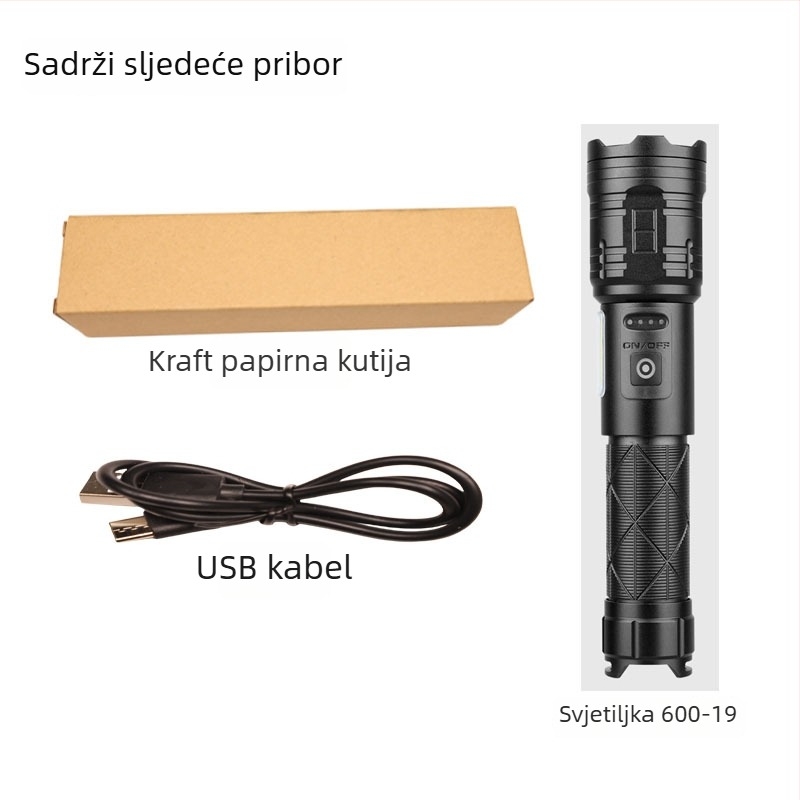 LED baterijska svjetiljka s optičkim zumom, USB punjenje, 30W, kućište od aluminijske legure, domet 200–500 m