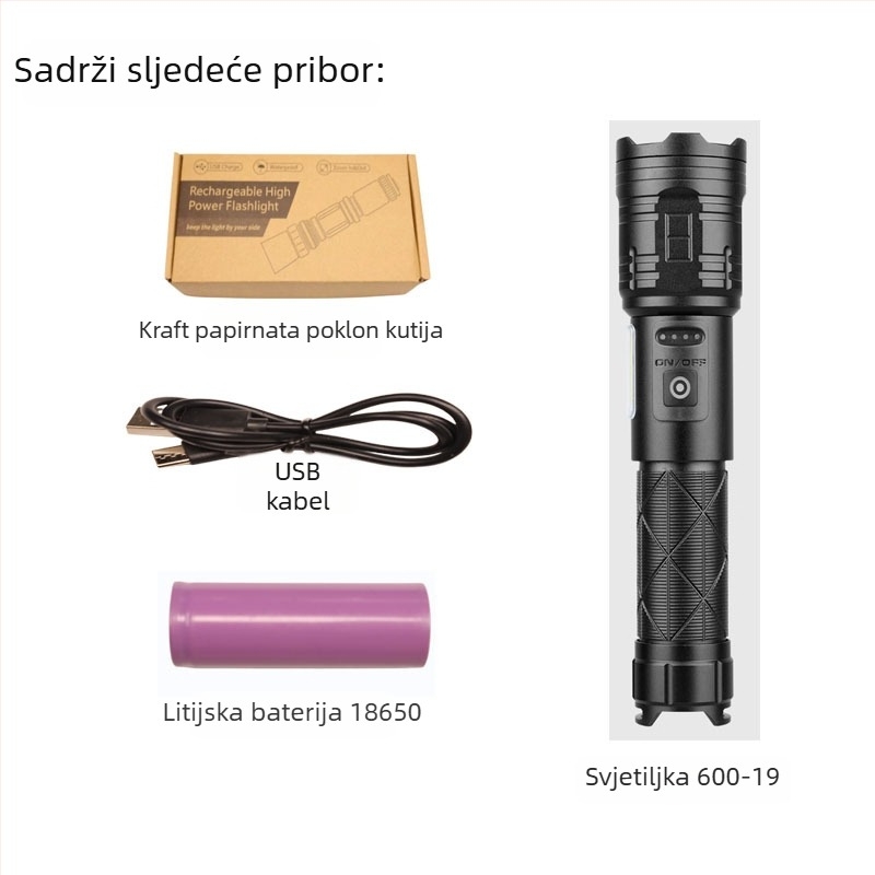 LED baterijska svjetiljka s optičkim zumom, USB punjenje, 30W, kućište od aluminijske legure, domet 200–500 m