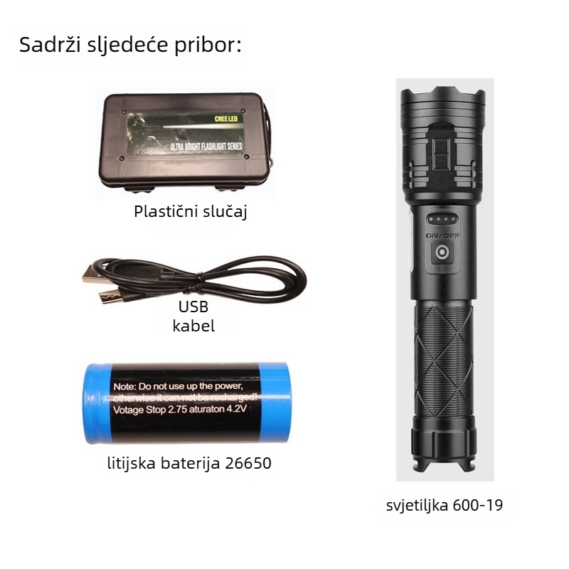 LED baterijska svjetiljka s optičkim zumom, USB punjenje, 30W, kućište od aluminijske legure, domet 200–500 m