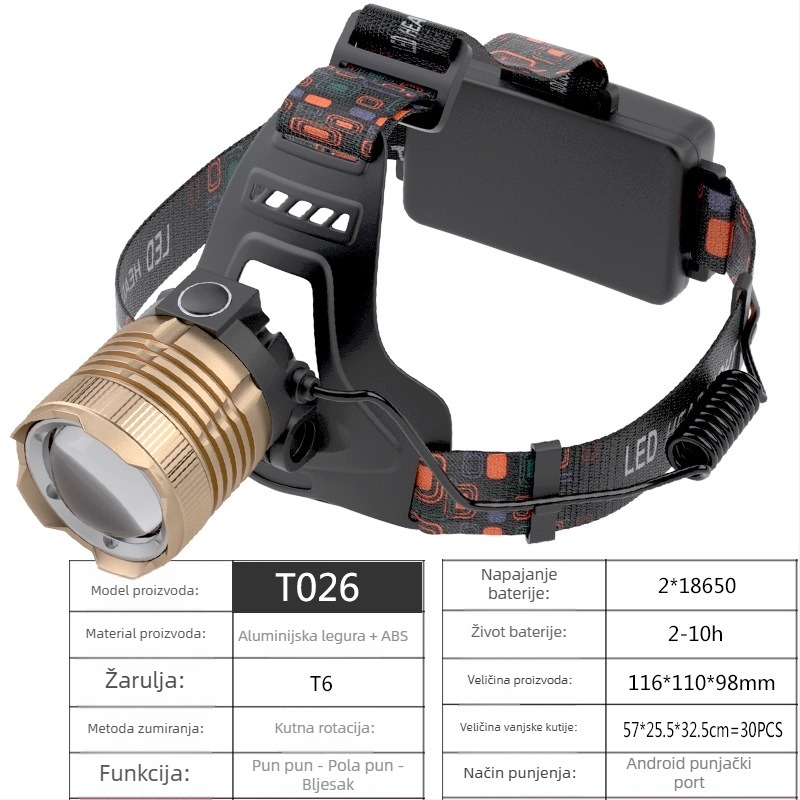 LED čelna lampica za vanjsku upotrebu, kućište od ABS+aluminijske legure, 2x18650 baterije, punjiva, LED svjetlo, domet preko 500 m