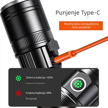 Laser svjetiljka s fokusom, domet 200–500 m, 20 W, tijelo od aluminijskog legura, USB punjenje