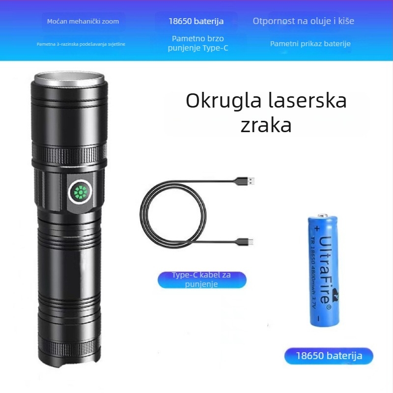 Laser svjetiljka s fokusom, domet 200–500 m, 20 W, tijelo od aluminijskog legura, USB punjenje