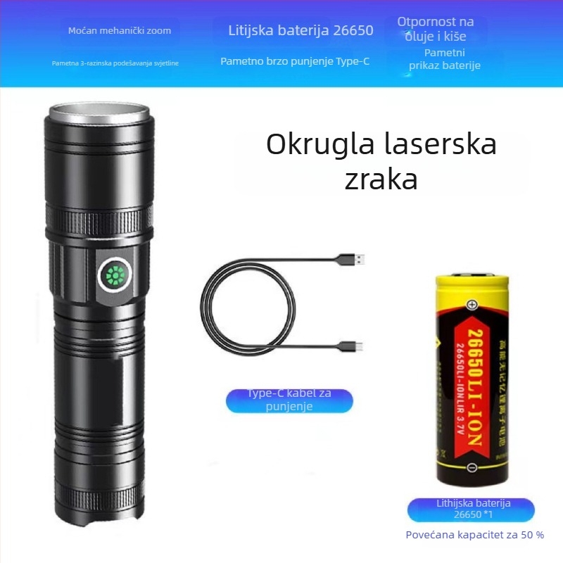 Laser svjetiljka s fokusom, domet 200–500 m, 20 W, tijelo od aluminijskog legura, USB punjenje
