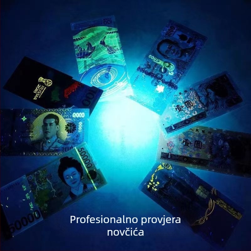 UV flashlight 365 nm za identifikaciju novca i nefrita, tijelo od aluminijske legure, LED izvor, baterija 1200 mAh uz punjenje i ručno pokretanje, domet 200–500 m