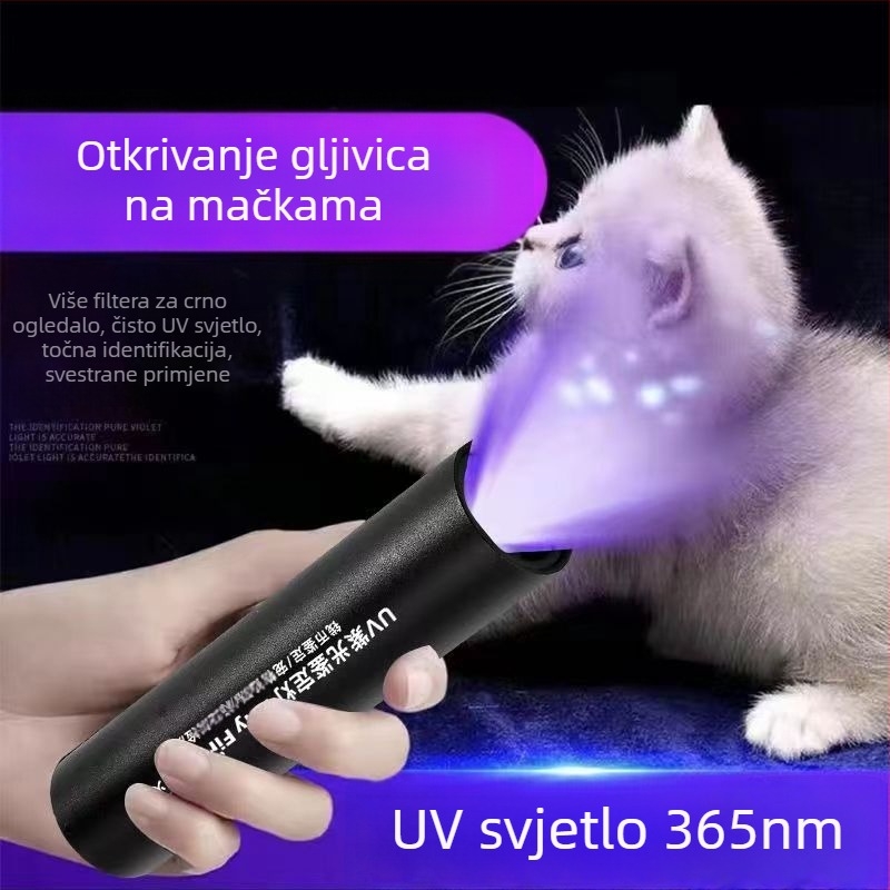UV flashlight 365 nm za identifikaciju novca i nefrita, tijelo od aluminijske legure, LED izvor, baterija 1200 mAh uz punjenje i ručno pokretanje, domet 200–500 m