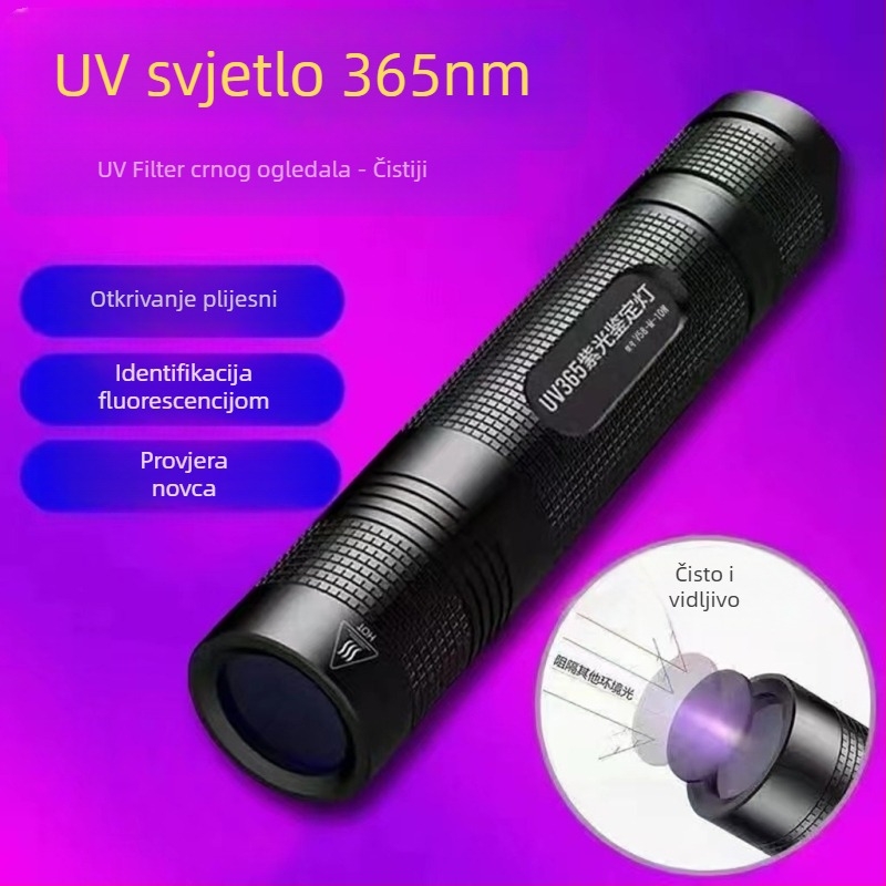 UV flashlight 365 nm za identifikaciju novca i nefrita, tijelo od aluminijske legure, LED izvor, baterija 1200 mAh uz punjenje i ručno pokretanje, domet 200–500 m