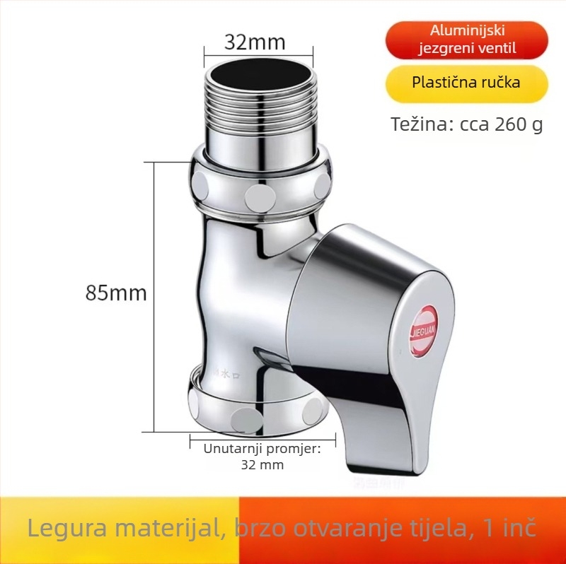 Push-type ispirna ventila za klozet tip squat, model brzog otvaranja, bakar, izlaz 1 inč, vrijeme ispiranja 5–8 s, radni tlak 0,1–1,0 MPa