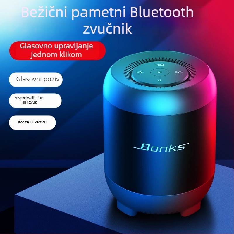Bluetooth zvučnik s AI glasovnim upravljanjem i utorom za karticu, izlazna snaga 5W, ugrađena baterija 1200mAh, Bluetooth 5.1, frekvencijski raspon 20 Hz–20 kHz