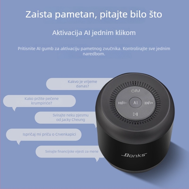 Bluetooth zvučnik s AI glasovnim upravljanjem i utorom za karticu, izlazna snaga 5W, ugrađena baterija 1200mAh, Bluetooth 5.1, frekvencijski raspon 20 Hz–20 kHz