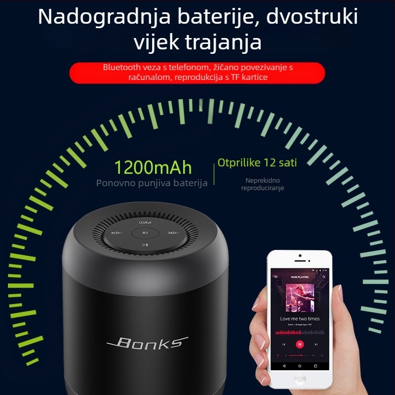 Bluetooth zvučnik s AI glasovnim upravljanjem i utorom za karticu, izlazna snaga 5W, ugrađena baterija 1200mAh, Bluetooth 5.1, frekvencijski raspon 20 Hz–20 kHz