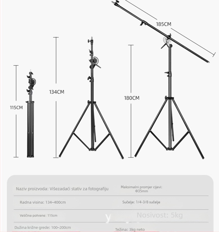 Stalak za studijsku lampu za livestream 2.8 m | Aluminijska legura | Nosivost 6 kg | Trodijelni stalak | Brand Yuer