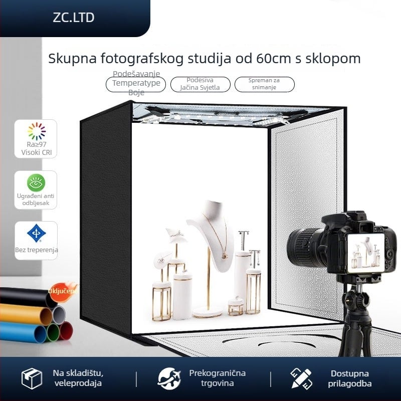 Sklopiva kutija za fotografsko atelje, model ZK-RY-04; materijal: blackout Oxford tkanina + reflektirajuća aluminijska tkanina; težina 4600 g; za profesionalnu fotografiju
