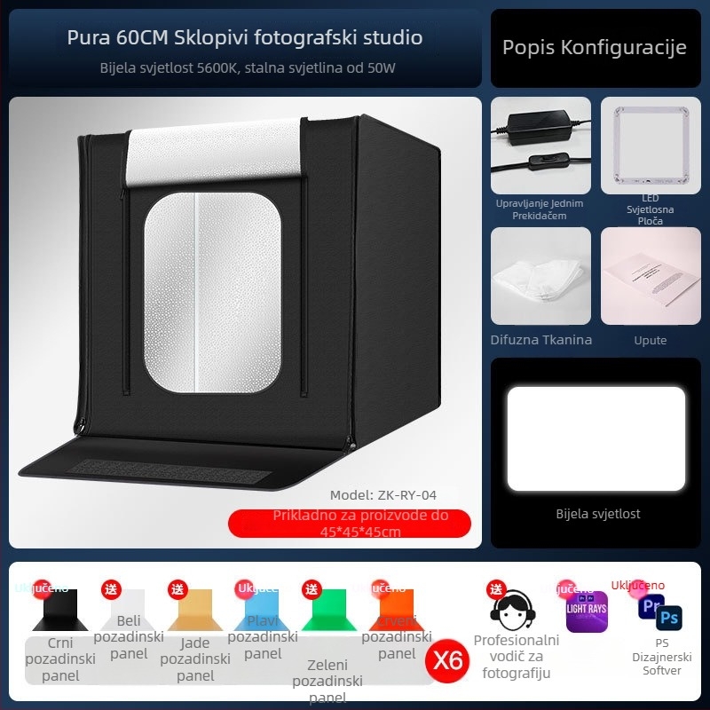 Sklopiva kutija za fotografsko atelje, model ZK-RY-04; materijal: blackout Oxford tkanina + reflektirajuća aluminijska tkanina; težina 4600 g; za profesionalnu fotografiju