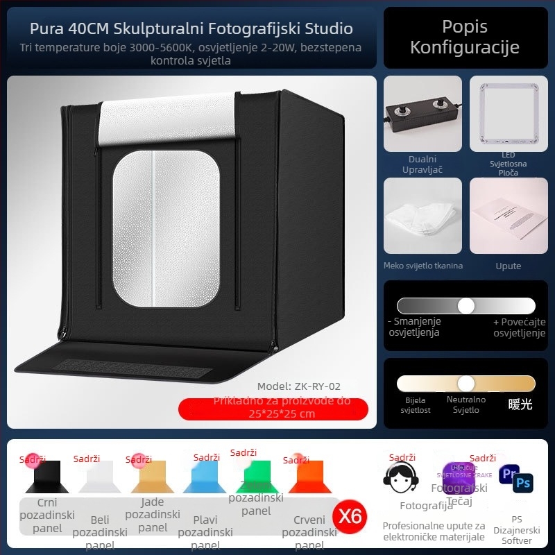 Sklopiva kutija za fotografsko atelje, model ZK-RY-04; materijal: blackout Oxford tkanina + reflektirajuća aluminijska tkanina; težina 4600 g; za profesionalnu fotografiju