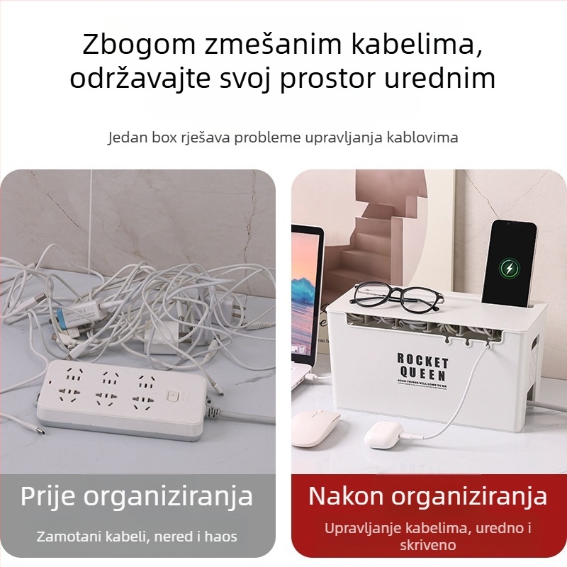 Stolna kutija za pohranu kablova od PET plastike, pokrivena, može se slagati, s preklopnim poklopcem, kapacitet 3
