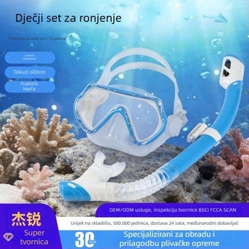 Dječji set maske za ronjenje i šnorkla — potpuno suhi šnorkel, HD leće, anti-fog; materijali: kaljeno staklo, silikon, PC; uzrast 5–10 godina; podesiva kopča