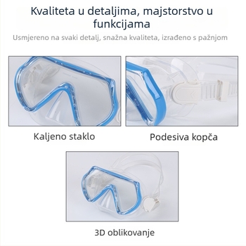 Dječji set maske za ronjenje i šnorkla — potpuno suhi šnorkel, HD leće, anti-fog; materijali: kaljeno staklo, silikon, PC; uzrast 5–10 godina; podesiva kopča