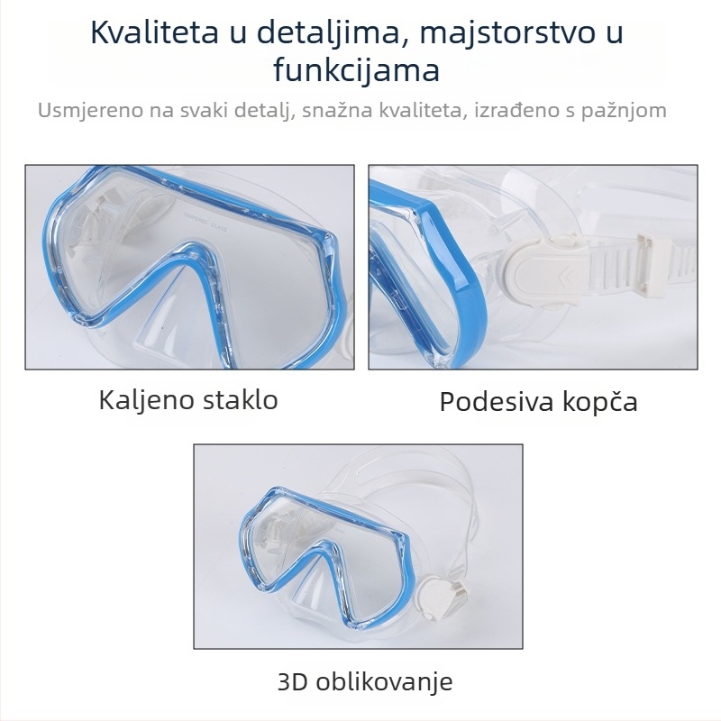 Dječji set maske za ronjenje i šnorkla — potpuno suhi šnorkel, HD leće, anti-fog; materijali: kaljeno staklo, silikon, PC; uzrast 5–10 godina; podesiva kopča