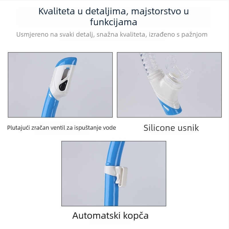 Dječji set maske za ronjenje i šnorkla — potpuno suhi šnorkel, HD leće, anti-fog; materijali: kaljeno staklo, silikon, PC; uzrast 5–10 godina; podesiva kopča