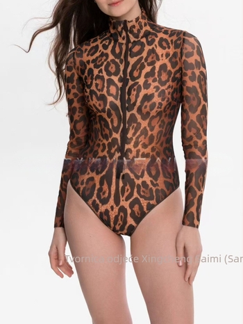Jednodijelni kupaći kostim s leopard printom, dugi rukavi, s jastučićima za prsa, 85% poliester (15% podstava), bez čelične potpore