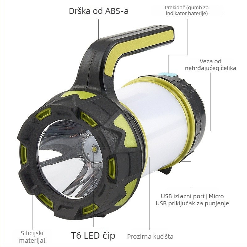 LED svjetiljka s ručnim pogonom, baterija 3000mAh, ABS kućište, vanjska rasvjeta za kampiranje i nužne situacije (domet zrake 200–500 m)