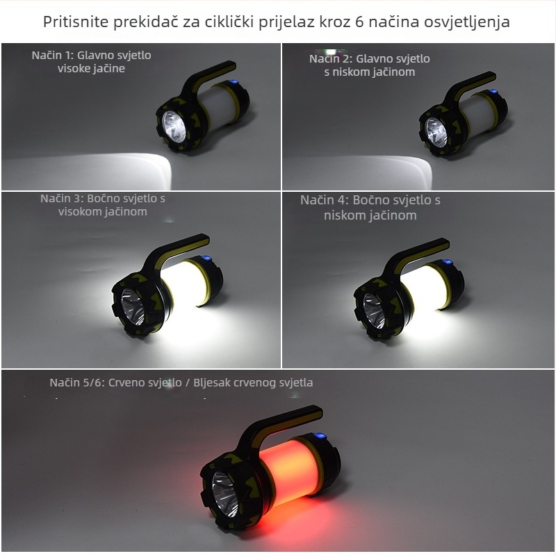 LED svjetiljka s ručnim pogonom, baterija 3000mAh, ABS kućište, vanjska rasvjeta za kampiranje i nužne situacije (domet zrake 200–500 m)