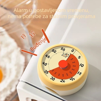 Mehanički odbrojivač vremena za učenike osnovne škole – vizualni timer s magnetskim držačem, ručni mehanički pogon, okruglo metalno-plastično kućište