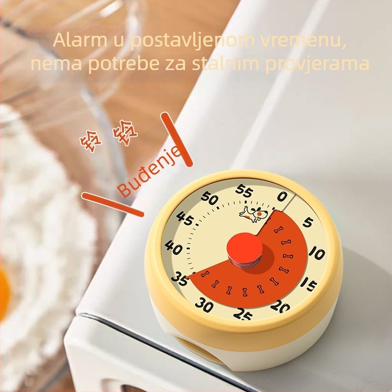 Mehanički odbrojivač vremena za učenike osnovne škole – vizualni timer s magnetskim držačem, ručni mehanički pogon, okruglo metalno-plastično kućište