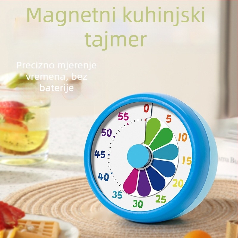 Mehanički odbrojivač vremena za učenike osnovne škole – vizualni timer s magnetskim držačem, ručni mehanički pogon, okruglo metalno-plastično kućište