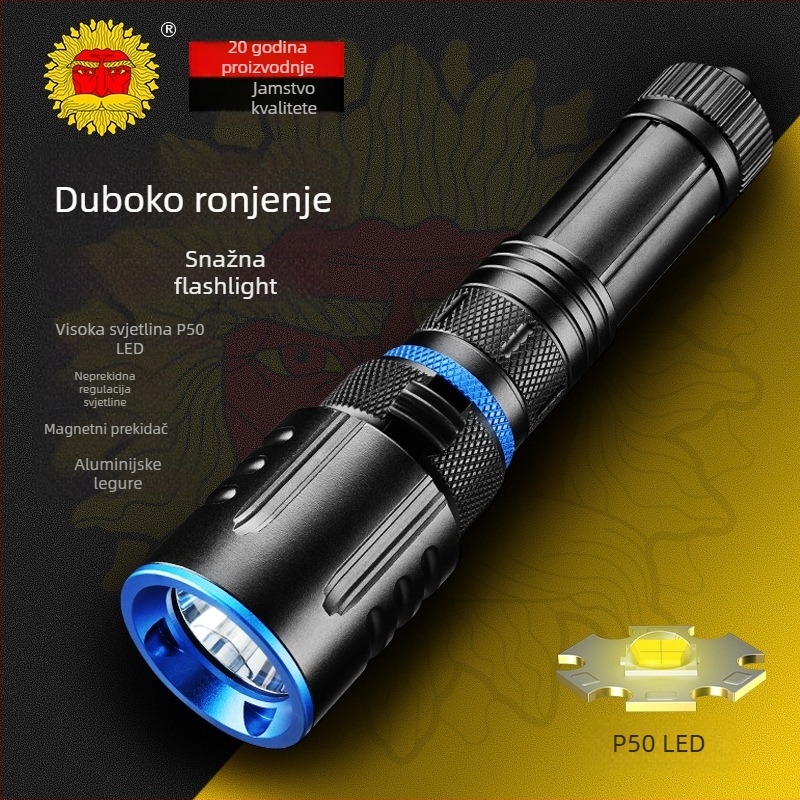 Fener XHP50 LED, fiksni fokus, magnetski prekidač, baterija 18650 2500mAh, 20W, vodootporan za ronjenje