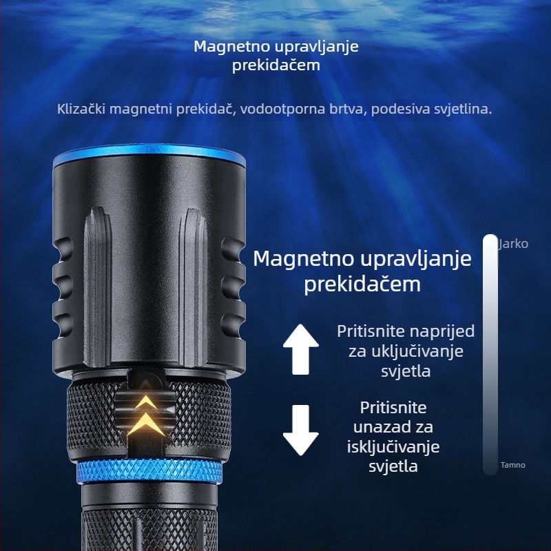 Fener XHP50 LED, fiksni fokus, magnetski prekidač, baterija 18650 2500mAh, 20W, vodootporan za ronjenje