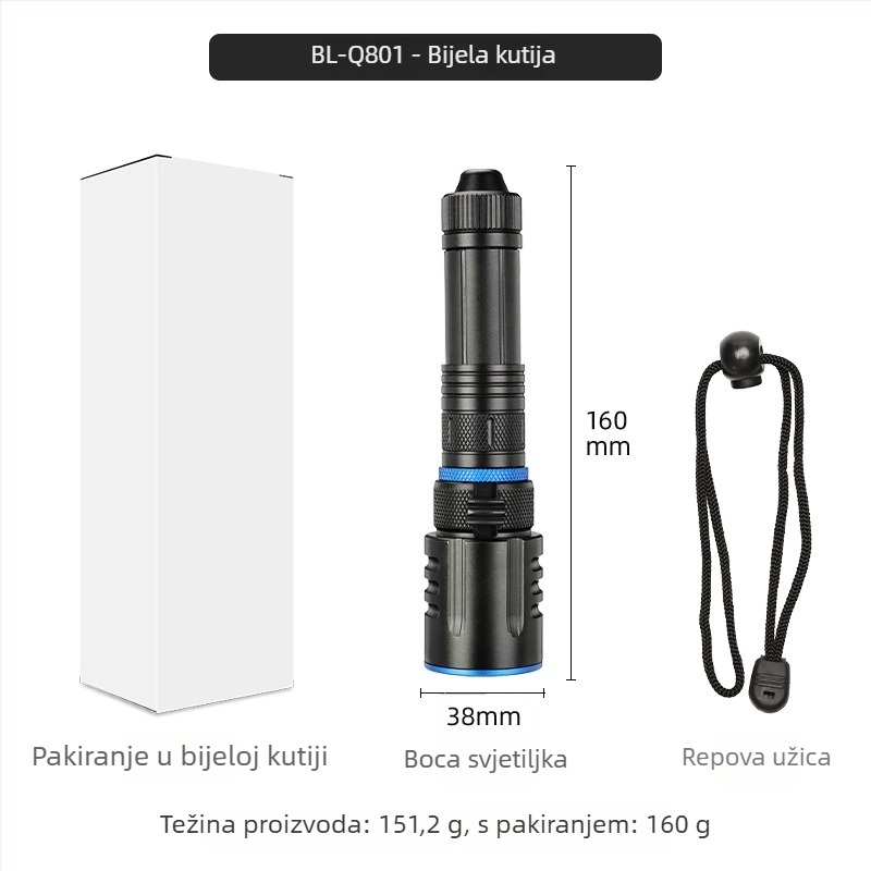 Fener XHP50 LED, fiksni fokus, magnetski prekidač, baterija 18650 2500mAh, 20W, vodootporan za ronjenje