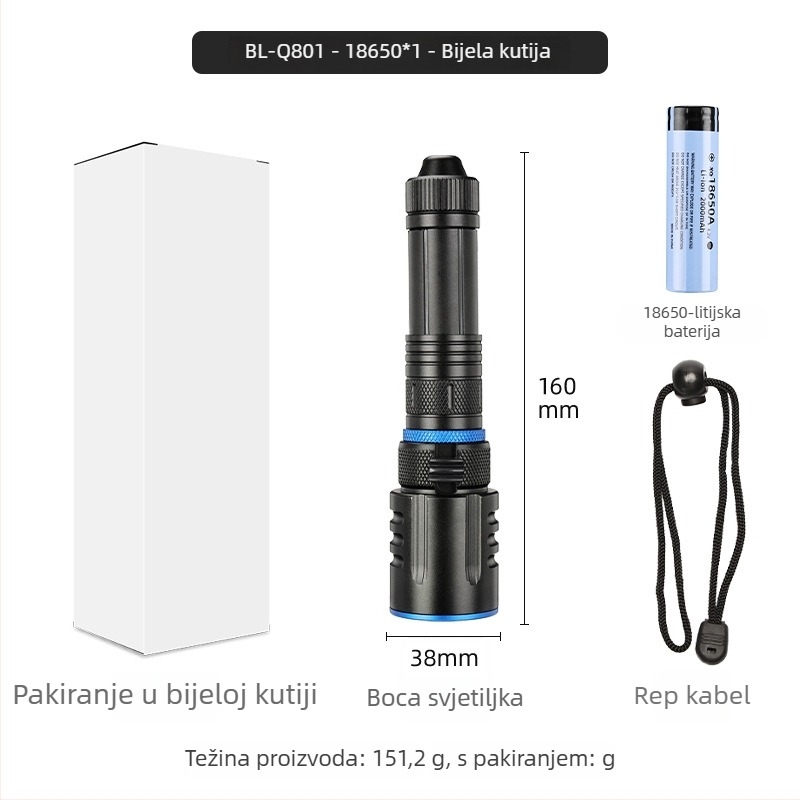 Fener XHP50 LED, fiksni fokus, magnetski prekidač, baterija 18650 2500mAh, 20W, vodootporan za ronjenje