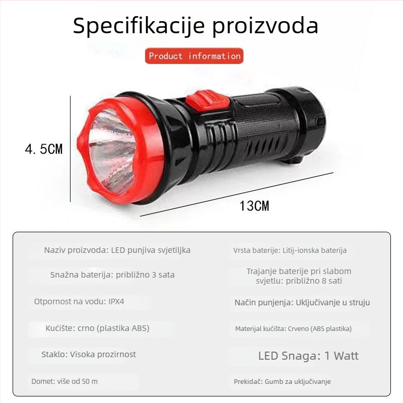 Prijenosna punjiva LED svjetiljka za vanjsku upotrebu – 1W, 400mAh, domet 50–100 m, trajanje 5 h