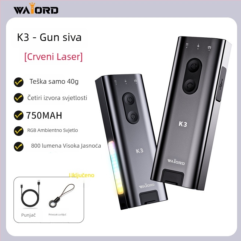 K3 Višenamjenska prijenosna mini LED svjetiljka – aluminijska legura kućište, LED izvor, snaga 5W, kapacitet baterije 750, raspon 100–200m