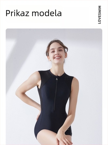 Jednodijelni kupaći kostim, bez rukava, s umetkom za prsa, visoka elastičnost; najlon 82%, podstava od poliestera 90%