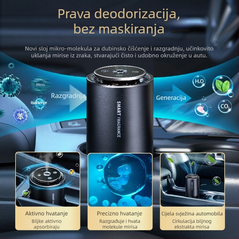 Auto difuzer za aromaterapiju s metalnom bazom, kapacitet 50–100 mL, trajanje isparavanja 61–90 dana, mirisi: gardenija i aromatična trava