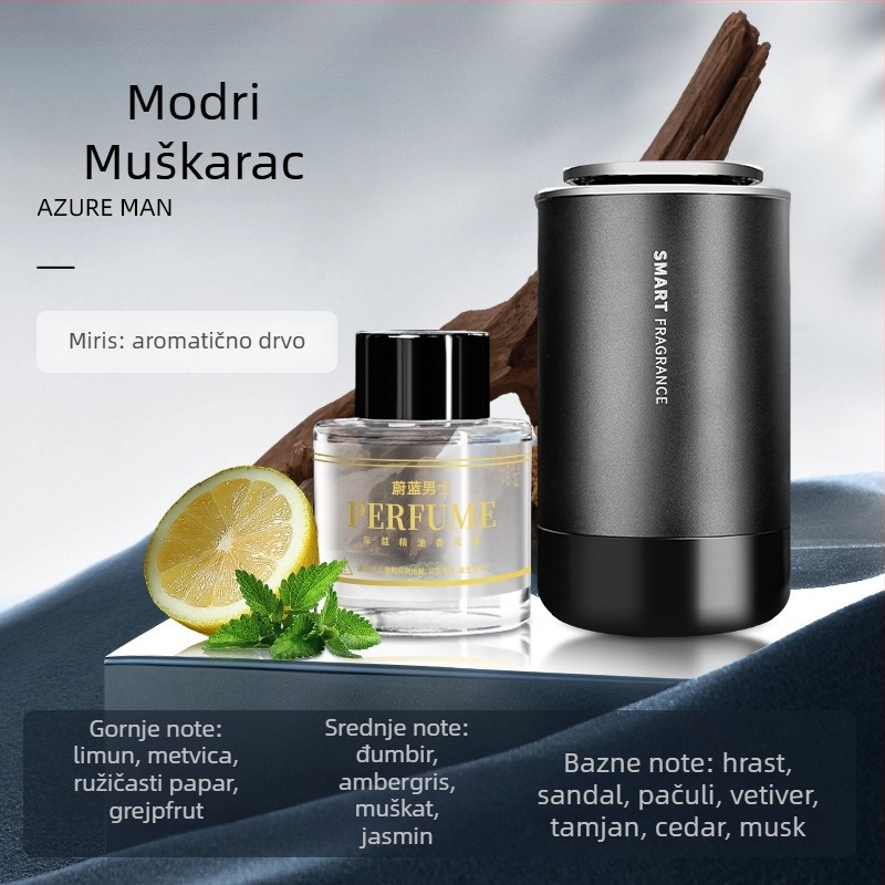 Auto difuzer za aromaterapiju s metalnom bazom, kapacitet 50–100 mL, trajanje isparavanja 61–90 dana, mirisi: gardenija i aromatična trava