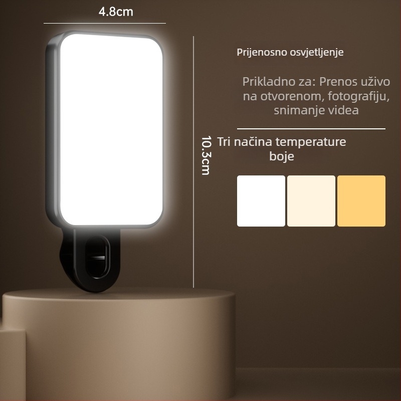 Kompaktna svjetlost za telefon – za selfije, snimanje videa i vanjske uvjete – 4,8W, 2700–3500K topla svjetlost, 3 boje temperature, ručno držanje, model Bgd-dy