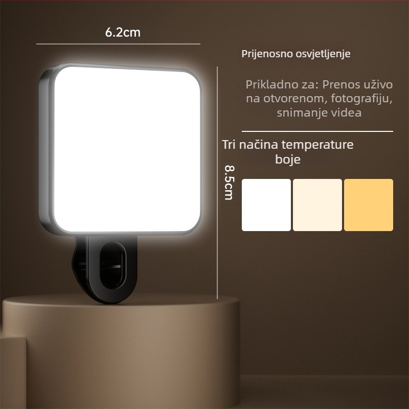 Kompaktna svjetlost za telefon – za selfije, snimanje videa i vanjske uvjete – 4,8W, 2700–3500K topla svjetlost, 3 boje temperature, ručno držanje, model Bgd-dy
